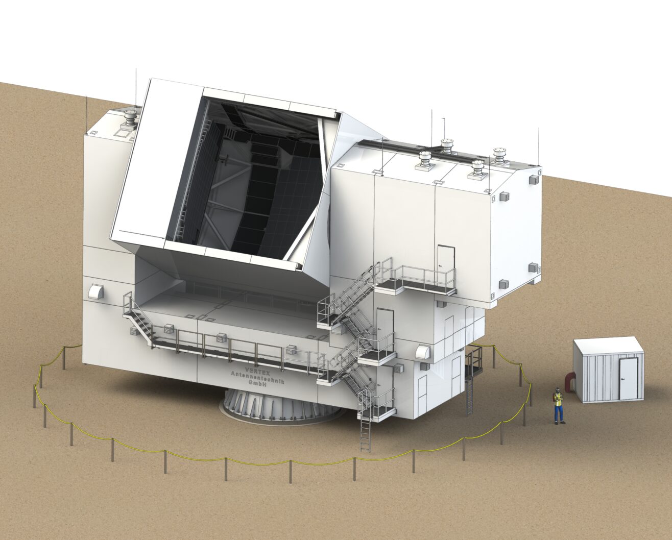 Render of the Fred Young Submillimeter Telescope (FYST). FYST is the size of a five-story building.