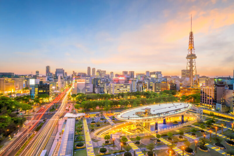Nagoya downtown skyline in Japan at twilight