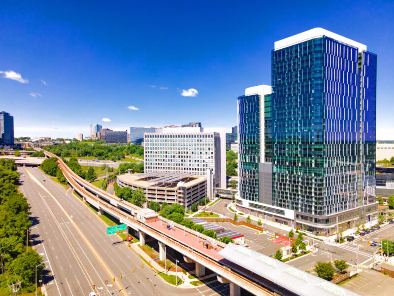Aerial view of the subway station and skyscrapers in downtown Tyson's Corner, Virginia.