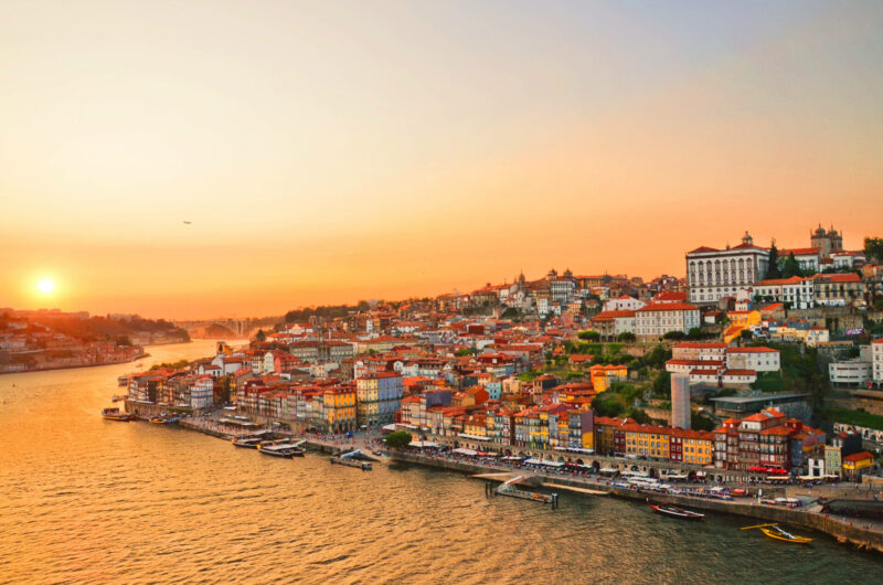 Sunset over the Porto city center and the Douro river, Portugal.