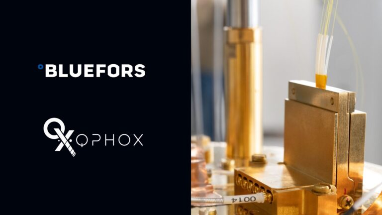 QphoX and Bluefors logos with a photo of a photodiode on the still flange of a dilution refrigerator