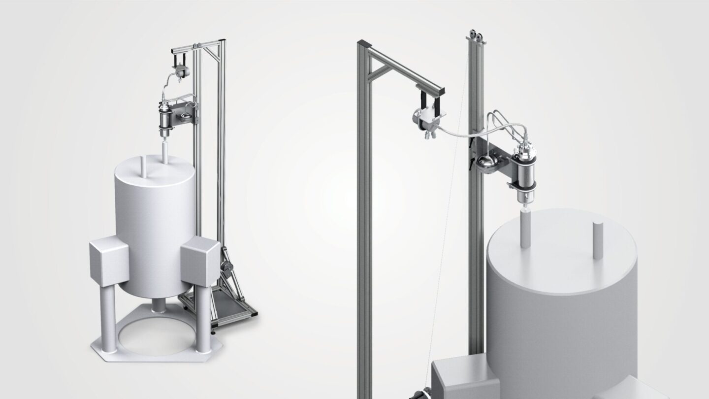 Render of the Cryomech HeRL01-RM installed in a fill port of an NMR system