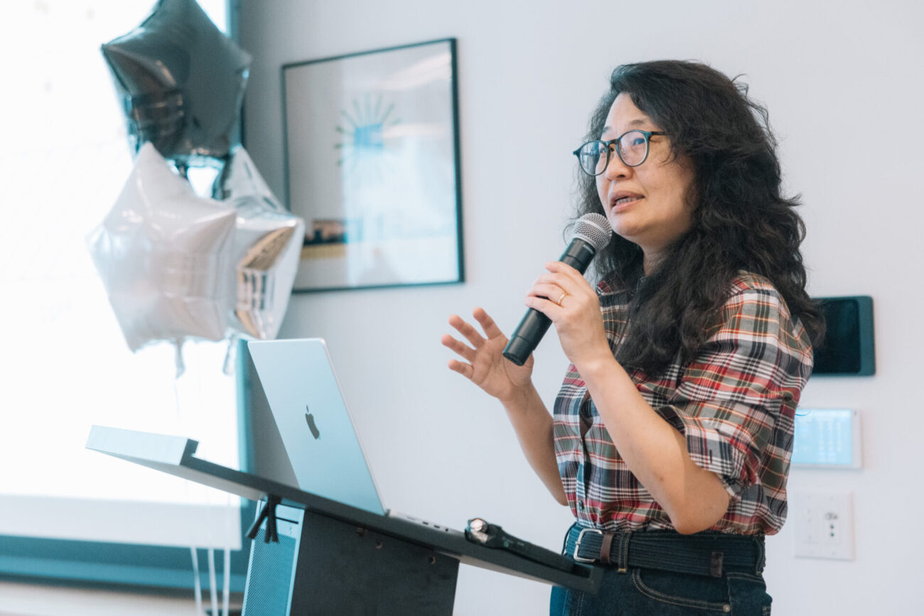 Hanhee Paik, Director of Quantum Algorithm Centers at IBM, giving a keynote speech at the Bluefors Lab opening event.